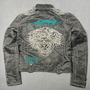 Ed Hardy Moto Jacket by Christian Audigier Womens M Gray Embroidered Tiger Biker